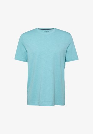 Hellblaues T-Shirt mit kurzen Ärmeln und Rundhalsausschnitt, dezente Struktur, ohne Muster oder Grafiken, vor weißem Hintergrund dargestellt.