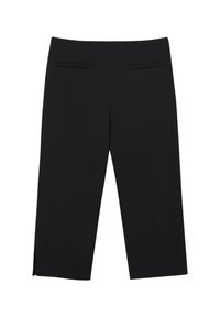 Černé culotes s hladkým povrchem, mají dvě zadní kapsy a postranní rozparky na lemech. Jednoduchý, čistý design bez viditelného hardwaru.