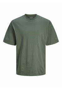 Grünes Baumwoll-T-Shirt mit kurzen Ärmeln, Rundhalsausschnitt, geradem Saum und glatter Textur. Minimalistisches Design, keine sichtbaren Muster oder Akzente.