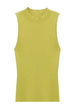 Top sans manches en tricot côtelé de couleur vert clair, avec un col rond haut et une silhouette ajustée. Texture lisse avec des détails sur les coutures latérales.