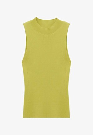 Sleeveless, ribbed knit top in light green, featuring a high round neckline and fitted silhouette. Smooth texture with side seam detailing.