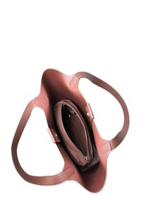 Brown leather tote bag with smooth exterior and textured handles. Interior features a brown fabric zippered pouch and open space.