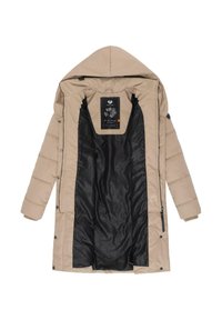 Beige polstret kåpe med hette, med svart teksturert fôr og logo-merkelapp. Synlige trykknapper på ermene og sidelomme med glidelås.