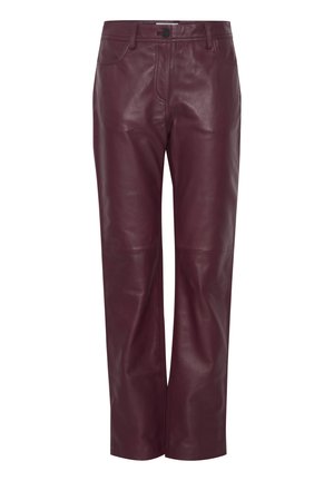 Bordeaux leren broeken met een rechte snit, voorzien van een klassieke vijf-pocket stijl en een gladde, glanzende textuur.