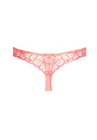 Lace thong in gradient pink with floral embroidery and scalloped edges. Features a narrow back and intricate detailing. Soft, sheer texture.