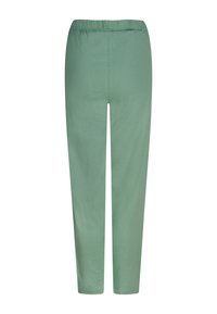 Pantalones verdes claros en forma cónica hechos de una tela suave con cintura elástica y una textura lisa, con un diseño simple sin bolsillos.
