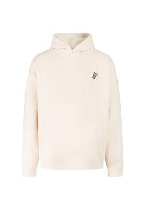 Hoodie in crèmekleur met kleine boom- en basketbalafbeelding op de linkerborst, lange mouwen en geribbelde boordjes bij de mouwen en zoom.