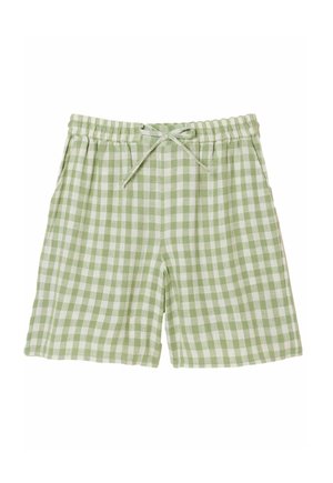Green and white gingham check elastic waistband shorts with drawstring and side pockets, knee-length style.