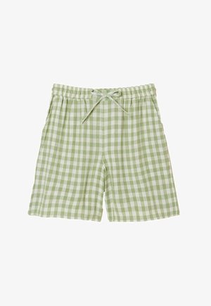 Zeleno-bílé kostkované šortky s elastickým pasem, stahováním na šňůrku a bočními kapsami, délka ke kolenům.
