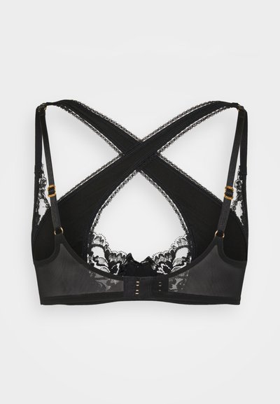 Black lace bra with crisscross back straps, adjustable shoulder straps, and hook-and-eye closure on sheer mesh fabric.