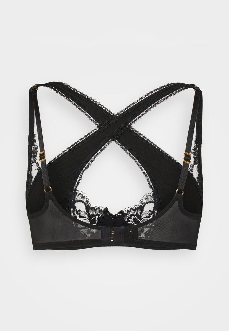Black lace bra with crisscross back straps, adjustable shoulder straps, and hook-and-eye closure on sheer mesh fabric.