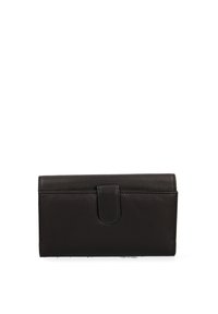 Black leather wallet with a smooth texture, rectangular shape, and a snap closure. Features a stitched design and minimal hardware.