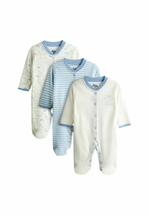 Tri detské overalové pyžamá v modrej a bielej farbe: jedno s potlačou slona, jedno pruhované a jedno jednoduché s malým detailom slona a zapínaním na cvoky.