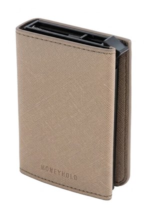 Schlanke beiger, strukturierten Geldbörse mit einem Metallkartenhalter innen, teilweise geöffnet, der einen schwarzen Kartenauswurfsmechanismus zeigt.