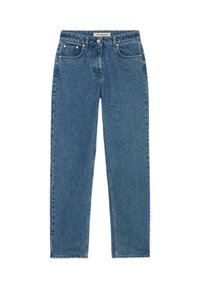 Modré džíny z denimu se střihovým designem rovného nohavice, klasickým pětikapsovým stylem a středním pasem. Vyznačují se jemným prošíváním a značkovými kovovými detaily.