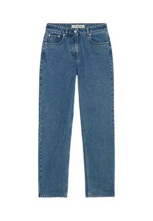 Modré džíny z denimu se střihovým designem rovného nohavice, klasickým pětikapsovým stylem a středním pasem. Vyznačují se jemným pro�šíváním a značkovými kovovými detaily.