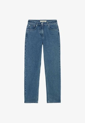 Vaqueros de mezclilla azul con un diseño de pierna recta, estilo clásico de cinco bolsillos y una cintura de altura media. Presenta costuras sutiles y herrajes con marca.