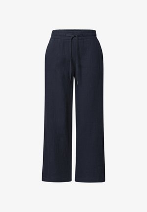 Marineblaue Hosen mit weitem Bein aus strukturiertem Stoff, elastischem Bund und vorderer Kordel.