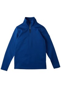 Maglione in pile blu con colletto alto, zip a quarto e maniche lunghe. Texture morbida, design semplice, con logo sulla zip.