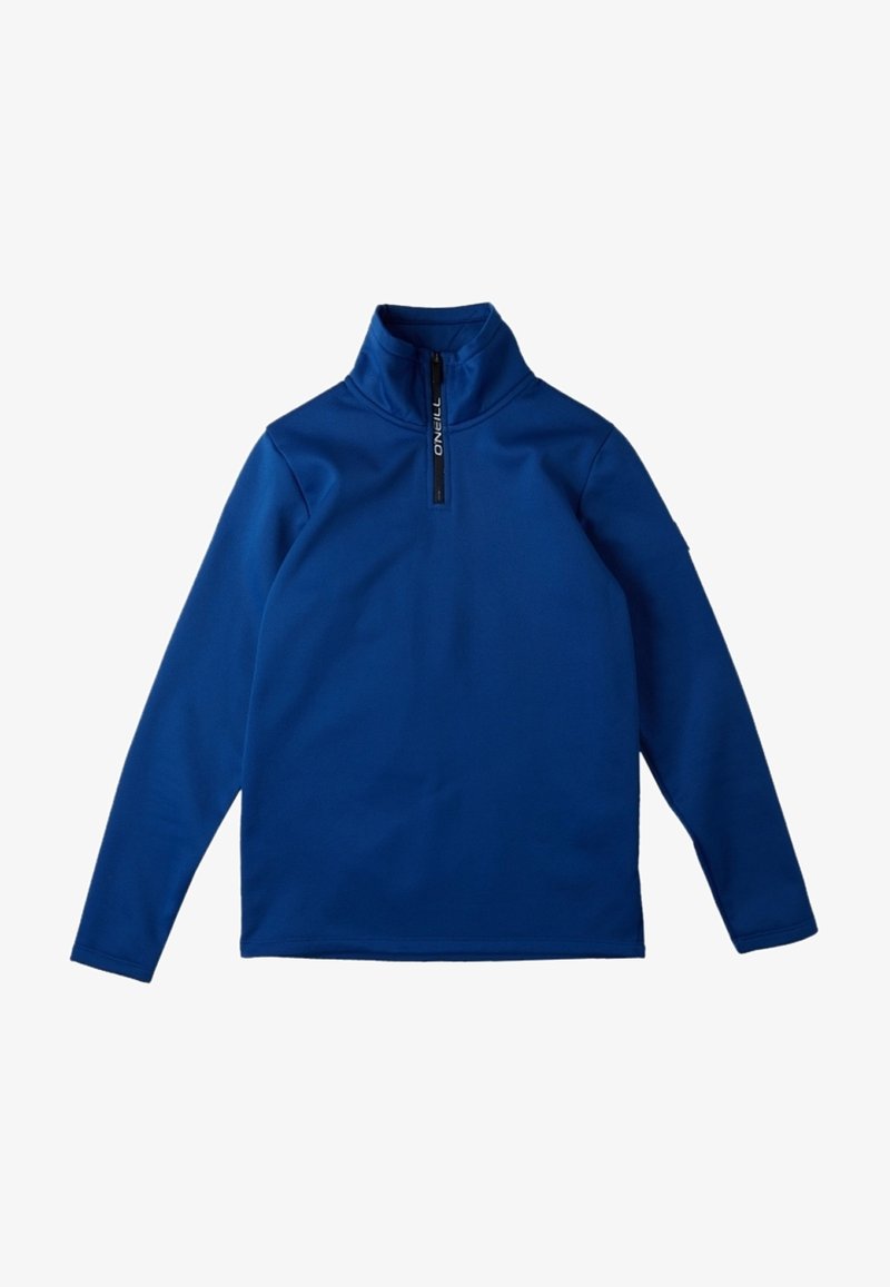 Maglione in pile blu con colletto alto, zip a quarto e maniche lunghe. Texture morbida, design semplice, con logo sulla zip.
