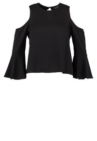 Svart off-shoulder topp med utsvängda ärmar, tillverkad av ett glatt tyg. Har en nyckelhålsspärr på baksidan och en avslappnad passform.