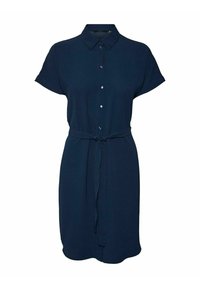 Vestito camicia blu navy realizzato in tessuto morbido, con maniche corte, chiusura a bottoni e vita con lacci per una vestibilità regolabile.