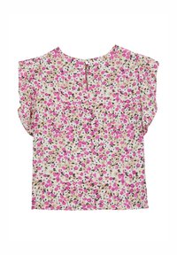 Blusa a maniche corte con stampa floreale nei toni del rosa, beige e marrone, scollo rotondo e un piccolo dettaglio a chiusura con bottone a chiave sulla schiena.