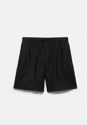 Sorte afslappede shorts med elastisk talje og snøre, lavet af letvægtsstof, lagt fladt på hvid baggrund.