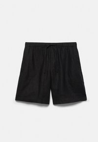 Shorts noirs décontractés avec ceinture élastique et cordon, en tissu léger, étalés à plat sur fond blanc.