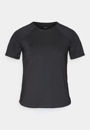 Black short-sleeve athletic shirt with raglan sleeves, smooth texture, and a rounded neckline. Features stitched seams and a relaxed fit.