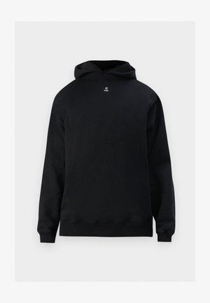 Black hoodie with a front kangaroo pocket, raglan sleeves, and a small logo in white on the chest. Soft, textured fabric.