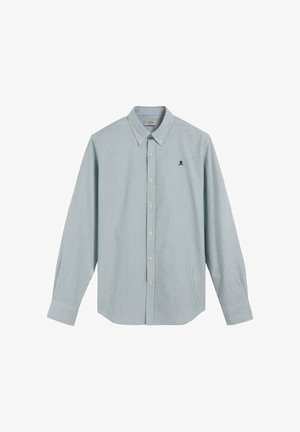 Striped button-up shirt in light blue and white, featuring a collar, long sleeves, and a small embroidered logo on the left chest.
