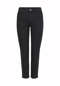 Sorte denimjeans med rette ben, med frontlukking med knapp, fem lommer og en enkel teksturert overflate.