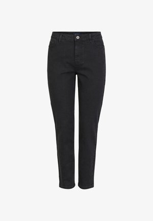 Juodi džinsai su tiesių kojų dizainu, turintys priekinį užtrauktuką, penkias kišenes ir lygų tekstūruotą paviršių.