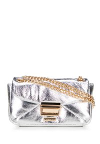 Small silver metallic handbag with gold chain strap and gold clasp, featuring the brand name "WITTCHEN" on the front.