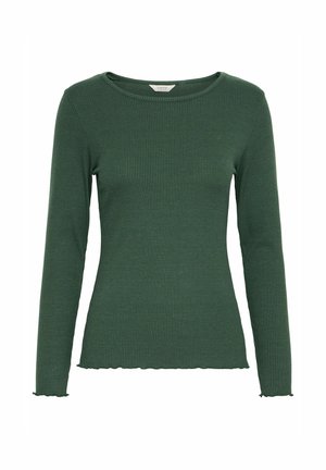 Groene lange mouwen geribbelde top met een ronde halslijn. Heeft een getailleerd model en een licht gegolfde zoom bij de mouwen en onderrand.