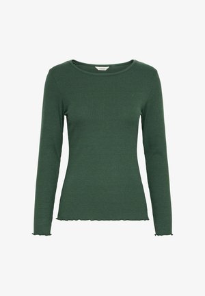 Groene lange mouwen geribbelde top met een ronde halslijn. Heeft een getailleerd model en een licht gegolfde zoom bij de mouwen en onderrand.