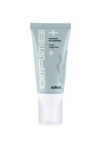 Helleblaue Tube mit einem weißen Klappdeckel, beschriftet mit "GO FURTHER" und "Salted", mit minimalistischem Design und abstrakten Akzentformen.