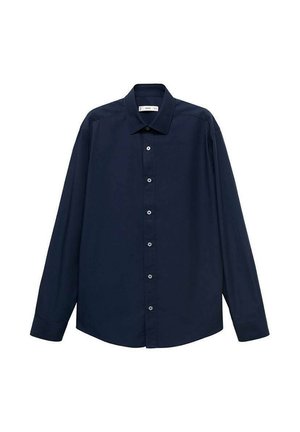 Dunkelblaues Langarmhemd aus glattem Stoff, mit Kragen, vorderem Knopfverschluss und abgerundetem Saum in lockerer Passform.
