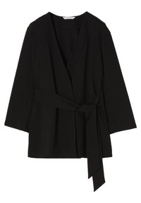 Svart omslagjacka i ett mjukt tyg, med vida ärmar och ett knytbälte i midjan. Enkelt design utan mönster eller detaljer.
