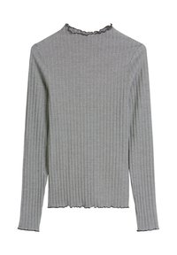 Zwart-wit dun gestreept, aansluitend topje met lange mouwen en ruches aan kraag, manchetten en zoom.