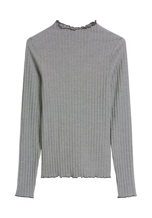 Langärmeliges, eng anliegendes Oberteil in Schwarz-Weiß mit dünnen Streifen und Rüschendetails am Kragen, an den Manschetten und am Saum.