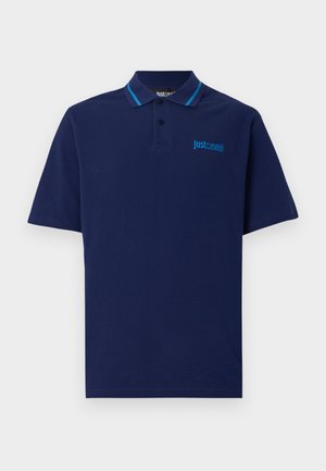 Polo majica marinaste barve iz bombaža, s trojnim gumbom, kratkimi rokavi in kontrastnimi turkiznimi črtami na ovratniku.