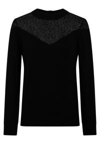 Czarny długi rękaw z panelem koronkowym na karczku, okrągłym dekoltem i ściągaczami na rękawach. Gładka faktura na całej powierzchni.