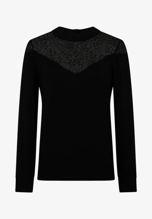 Haut noir à manches longues avec un panneau en dentelle sur l'empiècement, un col rond et des poignets côtelés. Texture lisse sur l'ensemble.