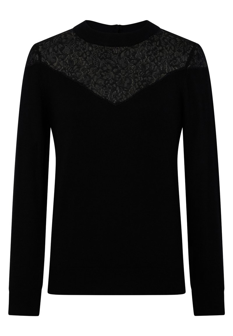 Czarny długi rękaw z panelem koronkowym na karczku, okrągłym dekoltem i ściągaczami na rękawach. Gładka faktura na całej powierzchni.
