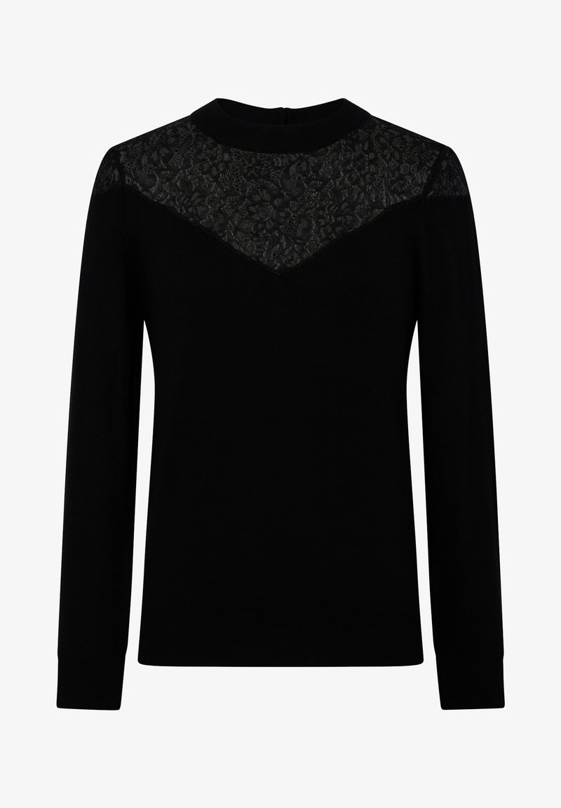 Czarny długi rękaw z panelem koronkowym na karczku, okrągłym dekoltem i ściągaczami na rękawach. Gładka faktura na całej powierzchni.