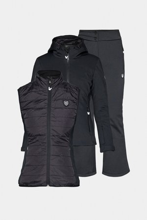 Black outdoor apparel set includes a sleeveless padded vest, a hooded jacket, and fitted pants, all in a matte finish with zippers.