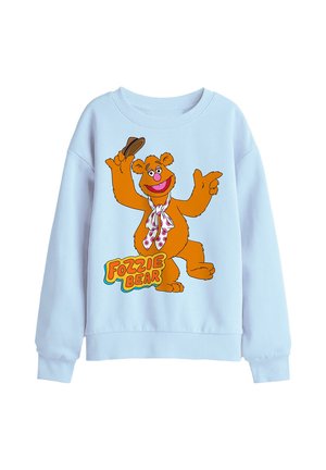 Hellblauer Sweatshirt mit einem bunten Motiv von Fozzie Bear aus den Muppets, der einen Hut hält und einen gepunkteten Schal trägt.