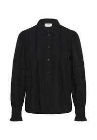 Blouse noire à manches longues avec des boutons sur le devant, des pincements et des détails en dentelle, des épaules bouffantes et des poignets froncés.